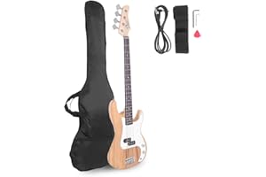 Glarry Electric Bass Guitar Full Size 4 String Rosewood Basswood Fire Style Exquisite Burning Bass(Wood)