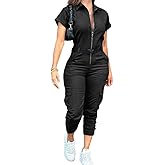 CHICME Women's Short Sleeve Jumpsuit Turn Down Collar Casual Zip Up Jumpsuits Pocket Design Cargo Romper