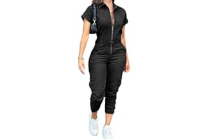 CHICME Women's Short Sleeve Jumpsuit 2025 Turn Down Collar Casual Zip Up Jumpsuits Pocket Design Cargo Romper