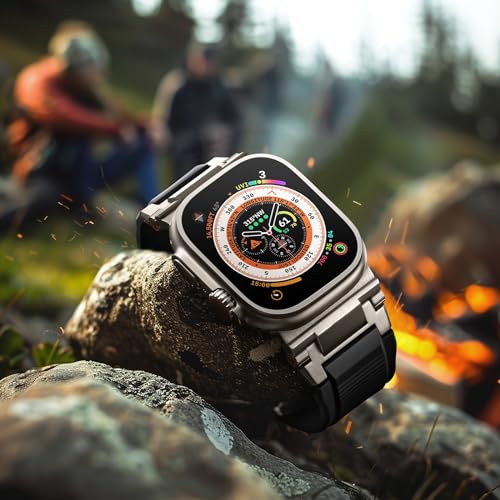 Bandletic R-Steel Strap Compatible with Apple Watch Ultra 2/Ultra 49mm, Series 9/8/7 45mm, Series SE2/6/SE/5/4 44mm, Robust FKM Replacement Bracelet with Elegant Design Metal Connector, Black