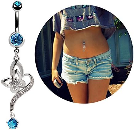 14G Belly Button Navel Ring Surgical Steel Curved Barbell Bananabell Sapphire Flower Piercing Jewelry