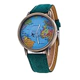 Lucoo Women's Global Travel By Plane World Map Dress Watch Denim Faux Leather Wrist Watches (Green)