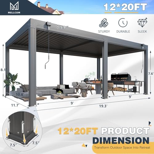 MELLCOM 12x20 Louvered Pergola Adjustable Roof w/Side Screens image 21