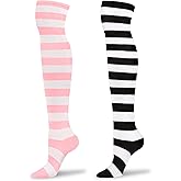 Littleforbig Cute Knee High School Girl Long Striped Socks 2 Pairs - Pink and Black