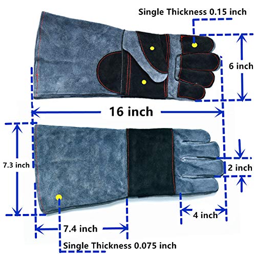 Work Gloves Leather Protection Gardening Glove (1 Pair) 16 inch Kevlar Cowhide Reinforced Padding Finger Heat Fire Resistant Oven Welding Animal Handling Bite Proof Dog Cat Scratch（Black-Grey）