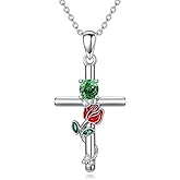 MEIDERBO Birthstone Cross Necklace 925 Sterling Silver Rose with Butterfly Birthstone Cross Pendant Necklace Jewelry Gifts for Women Birthday Christmas