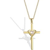 Aprila Cross Necklace,14K Gold Plated Brass Cubic Zirconia Faith Layered Chain Pendant Necklace Jewelry for Women