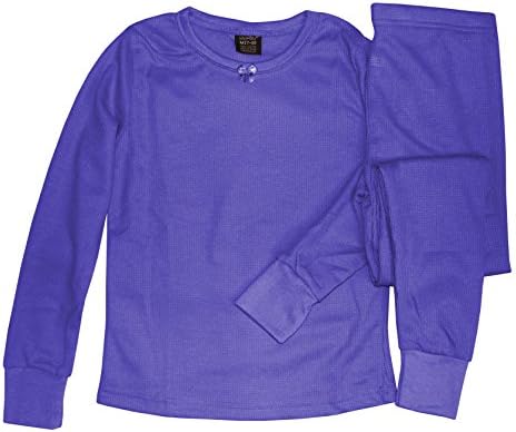 WH Girls 100% Cotton Light Weight Waffle Knit Thermal Top &amp; Bottom Underwear Set, Purple, Large (10-12)