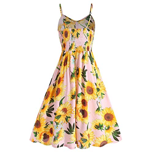 Finedayqi  Woman Dress,Women Sexy Sunflower Printing Pocket Button Off Shoulder Sleeveless Dress Pink - Thumbnail 2