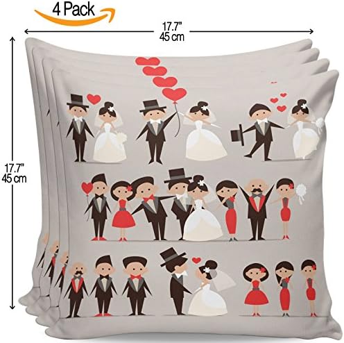 Serra Home 4-Pack Decorative Soft Gray Love Groom Bride Wedding, 18" x 18" Throw Pillow Covers Set Turkish New Design Linen Square Made in Turkey Patterned Cases Couch Cushion for Sofa Bedroom