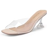 DREAM PAIRS Women's Clear Heeled Sandals Square Toe Transparent Stiletto Mules Slip on Wedding Dress Shoes