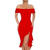 BORIFLORS Women's Sexy Off The Shoulder Bodycon Midi Dresses Elegant Ruched Ruffle Hem Cocktail Party Dress