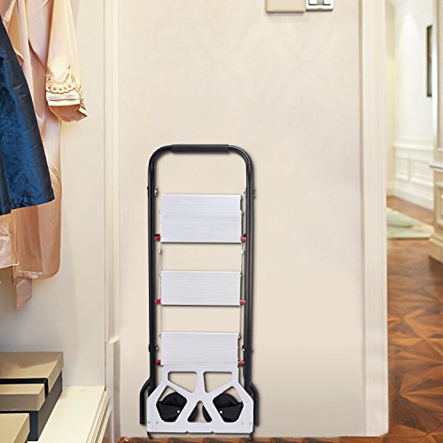 Anfan Folding 3-Step Stool Ladder and Hand Truck Portable Ladder with Hand Grip Aluminum Wide Pedal Sturdy Steel StepLadders 330lb Dolly 176lb