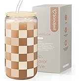 SANDJEST Checkerboard Glass Can, Beige Checker Cup with Lid & Straw, Iced Coffee Aesthetic Cups, Gift for Christmas Birthday Mother Day, Gifts for Women, 16oz