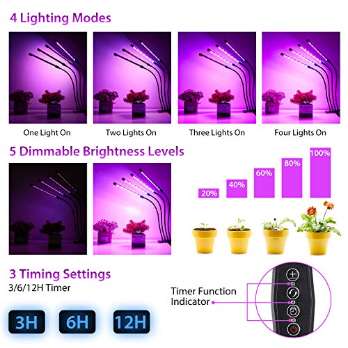 OxyLED Plant Grow Light, 36W Four Head 80 LED Plant Grow Lights for Indoor Plants with Red Blue Spectrum, Adjustable Gooseneck, 3/6/12H Timer, Clip-On Desk Growing Lamp with 5 Dimmable Levels