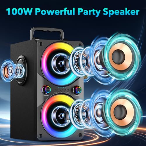 RRNUY 100W Portable Bluetooth Speaker with Subwoofer & LED Light - Powerful Boombox with Powerful Bass, Wooden Housing and TWS for Outdoor Party
