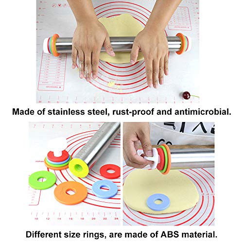 Inkec Stainless Steel Rolling Pin 17Inch & Silicone Baking Mat, Adjustable Dough Roller with 4 Removable Thickness Rings for Baking Pizza Pie Pasta Cookies - Thumbnail 2