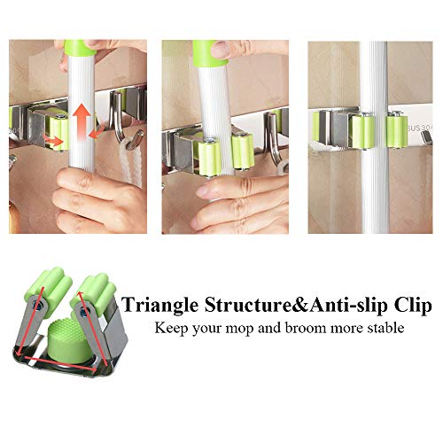 Munto Mop and Broom Holder Wall Mount, Metal Stainless Steel Closet Broom Rack Organizer, Screws or Self Adhesive 3M Tape Mop Utility Hanger, Heavy Duty Storage Tool for Garage and Garden