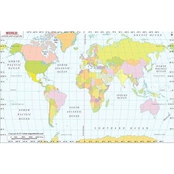amazoncom world map with latitude and longitude laminated 36 w x