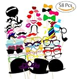 Bassion 58 Pcs Photo Booth Props DIY Kit Dress-up Accessories Wedding Christmas Thanksgiving Birthdays Costumes with Mustache on A Stick, Hats, Glasses, Mouth, Bowler, Bowties