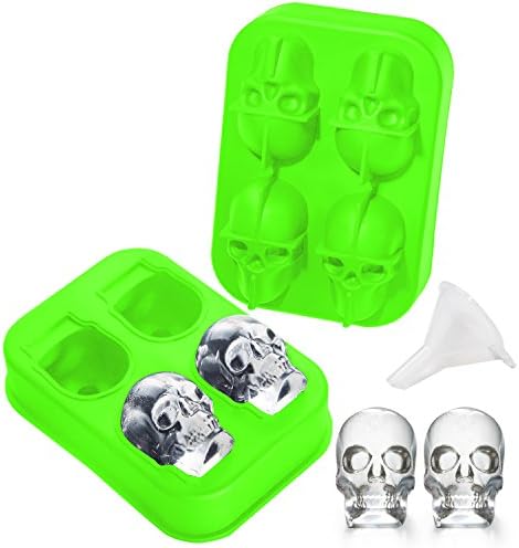 3D Skull Silicone Ice Cubes Mold Tray, for Whiskey Drinks-Party,Halloween Gifts.(Funnel Attached)(Green)