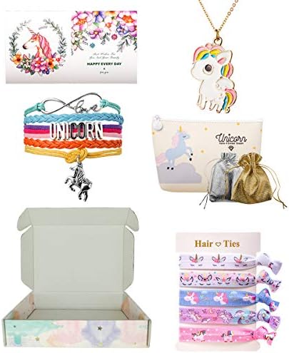 Unicorn Gifts for Girls, Unicorn Combo, Unicorn Makeup Bag/Purse Stainless Necklace Bracelet Wristband Hair Tie Gift Box Set, [Style 1]