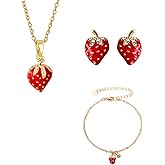 coadipress 3PCS Strawberry Jewelry Set for Women Cute Sweet Strawberry Fruit Pendant Necklace Dainty Fashion Strawberry Rhinestone Bracelet Birthday Party Charm Jewelry