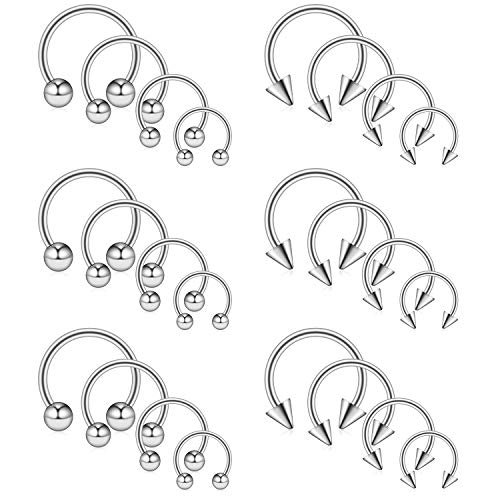 Ruifan 24 piezas de acero quirúrgico CBR tabique nasal herradura pendiente ceja lengua labio pezón Piercing anillo con bolas y picos 14G 8-14mm plata