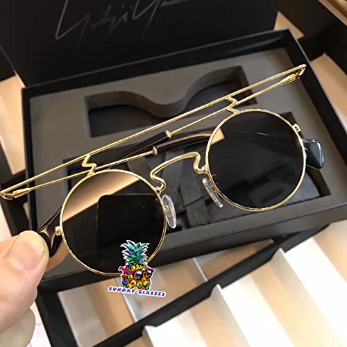 Unisex Retro Round Mirrored Mens Womens Glasses for Yohji Yamamoto Sunglasses - Gold Frame Black Lens