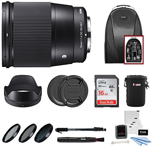 Focus Camera Sigma 16mm F/1.4 DC DN Contemporary Lens For Sony E W/16GB SD Card & Travel Kit