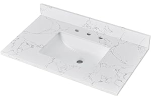 LOCALAND 36"x22 " Vanity Top, Engineered Stone Composite White Rectangular Single Sink Vanity Top, Vanity Top with Sink in Calaeatta Pearl, Sink Top with 8 Inch Widespread Faucet Hole and Backsplash