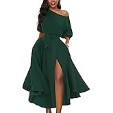 LILYIN Women’s Elegant Off Shoulder Short Sleeve Belted Side Slit Cocktail Party Swing Dress with Pockets