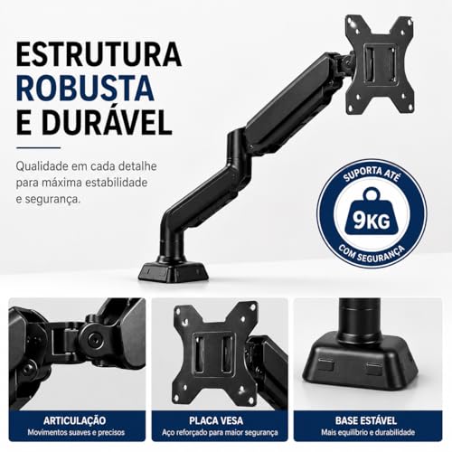 Suporte Articulado para Monitor com Pistão a Gás 10" a 35" | Braço Ergonômico de Mesa com Morsa | Ajuste de Altura, Inclinação 90° e Rotação 360° | VESA 75x75 e 100x100 | Suporta até 9kg