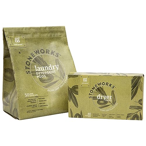 Grab Green Stoneworks Laundry Detergent Pods and Dryer Sheet Bundle, 50 Count Pods and 50 Dryer Sheets, Olive Leaf Scent, Plant and Mineral Based Laundry Care Set