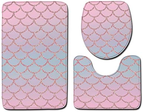Toilet mats Set Fiaya 3Pcs /4PCS Fish Scale 3D Multicolor Polyester Bathroom Set Rug Contour Mat+Toilet Lid Cover +Plan Solid Color Bath Mats +Shower Curtain (3PCS, Pink H01)
