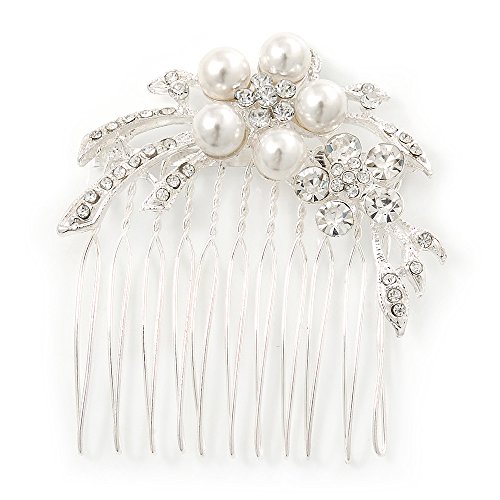 Bridal/ Wedding/ Prom/ Party Rhodium Plated Clear Swarovski Crystal, Synthetic Pearl Double Flower Hair Comb - 50mm