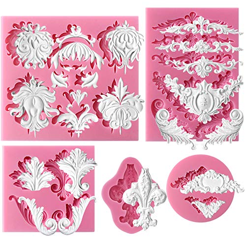 Funshowcase Baroque Style Curlicues Scroll Lace Fondant Silicone Mold for Sugarcraft, Cake Border Decoration, Cupcake Topper, Jewelry, Polymer Clay, Candle Accent, Crafting Projects, 5 in Set