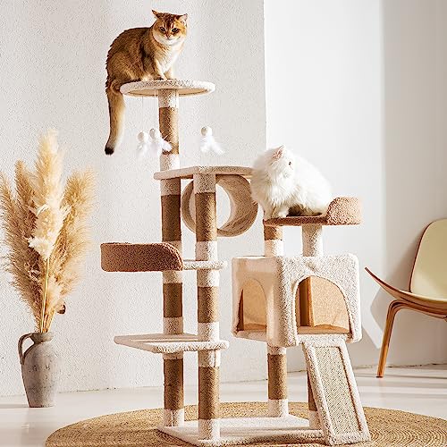 Cat Tree 120cm with Scratching Post Board Cat Tunnels and Cat House Condo, Cat Tree Tower for Indoor Big Cats and Kittens with Padded Plush Perch and Cat Tease Toys Beige