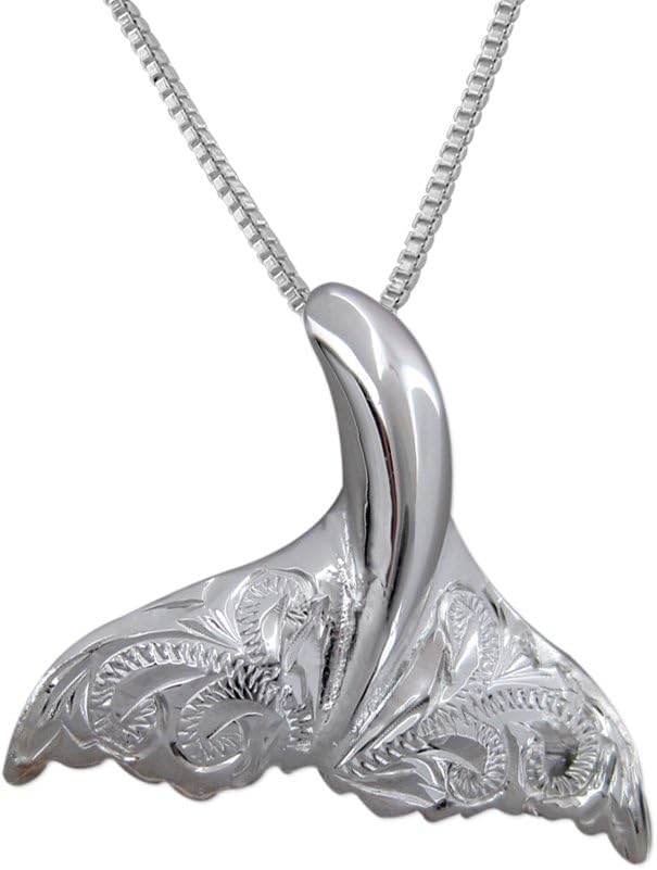 Sterling Silver Engraved Whale Tail Pendant Necklace, 16+2" Extender