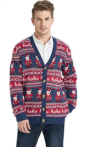 Daisyboutique Men's Christmas Rudolph Reindeer Holiday Sweater Cardigan Cute Ugly Pullover (Small, Santa-Print-Cardigan)