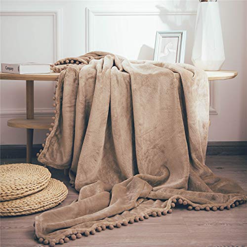 DEZENE Throw Blanket with Pompoms Tan Decorative Soft Fuzzy Fleece