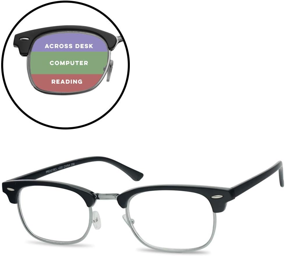 SunglassUP Multi Focus Advance Progressive 3 in 1 Reading Glasses Classic Half Frame Horn Rimmed Style (Black Silver, 1.75)