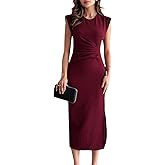 Women's Sexy Ruched Bodycon Midi Dresses Elegant Sleeveless Round Neck Split Party Dress