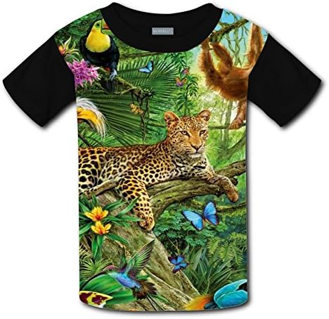 Round Neck 100% Polyester Fiber Sport Short Sleeve Top T-Shirt For Boy Girl,Print Animals From Jungle Leopard Xl