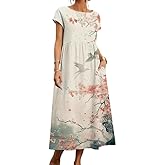 domirica Boho Maxi Dress Floral Cap Sleeve High Waist Smocked Flowy Casual Church Summer Long Womens Tshirt Dress