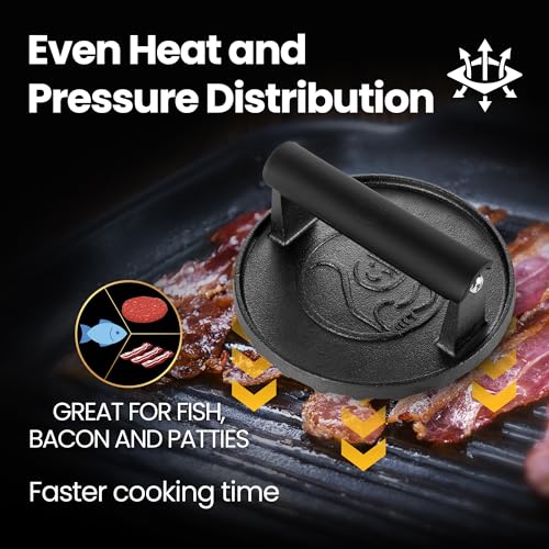 Smash Burger Press for Griddle, 5-Year Warranty, 2 lb Heavy Duty Burger Smasher Tool with Heat-Resistant Handle, Premium Cast Iron Bacon & Sandwich Maker, Hamburger Press for BBQ Grilling Accessories