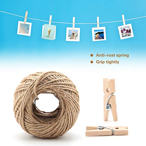 Walfront 250pcs Mini Wooden Clips Photo Clips Clothespin Craft Decoration Clips with 1 Roll 50 Meter Jute Twine Crafts Decor