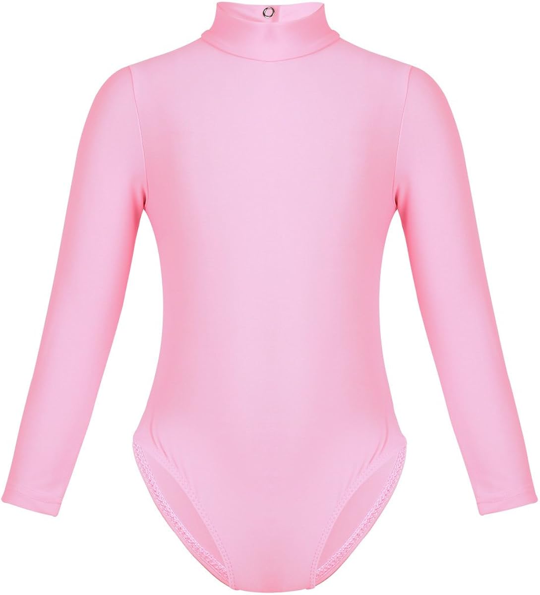 TiaoBug Pailletten Ballettanzug Für Mädchen - Langarm Rollkragen Body Mit Bein | Ballettkleidung Für Tanz & Gymnastik | Größe 110-164