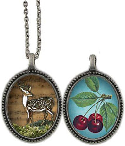 Antique Silver Tone Deer/Cherry Reversible Oval Pendant Necklace-18 IN + 2 IN