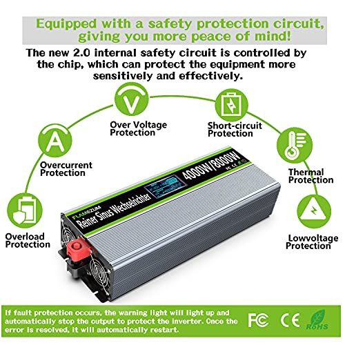 4000W/8000W Power Inverter 12 V 220 V Pure Wave Voltage Transformer Converter Voltage Inverter - 2 EU Socket with USB Output Remote Control Suitable for Refrigerators, Electric Saw